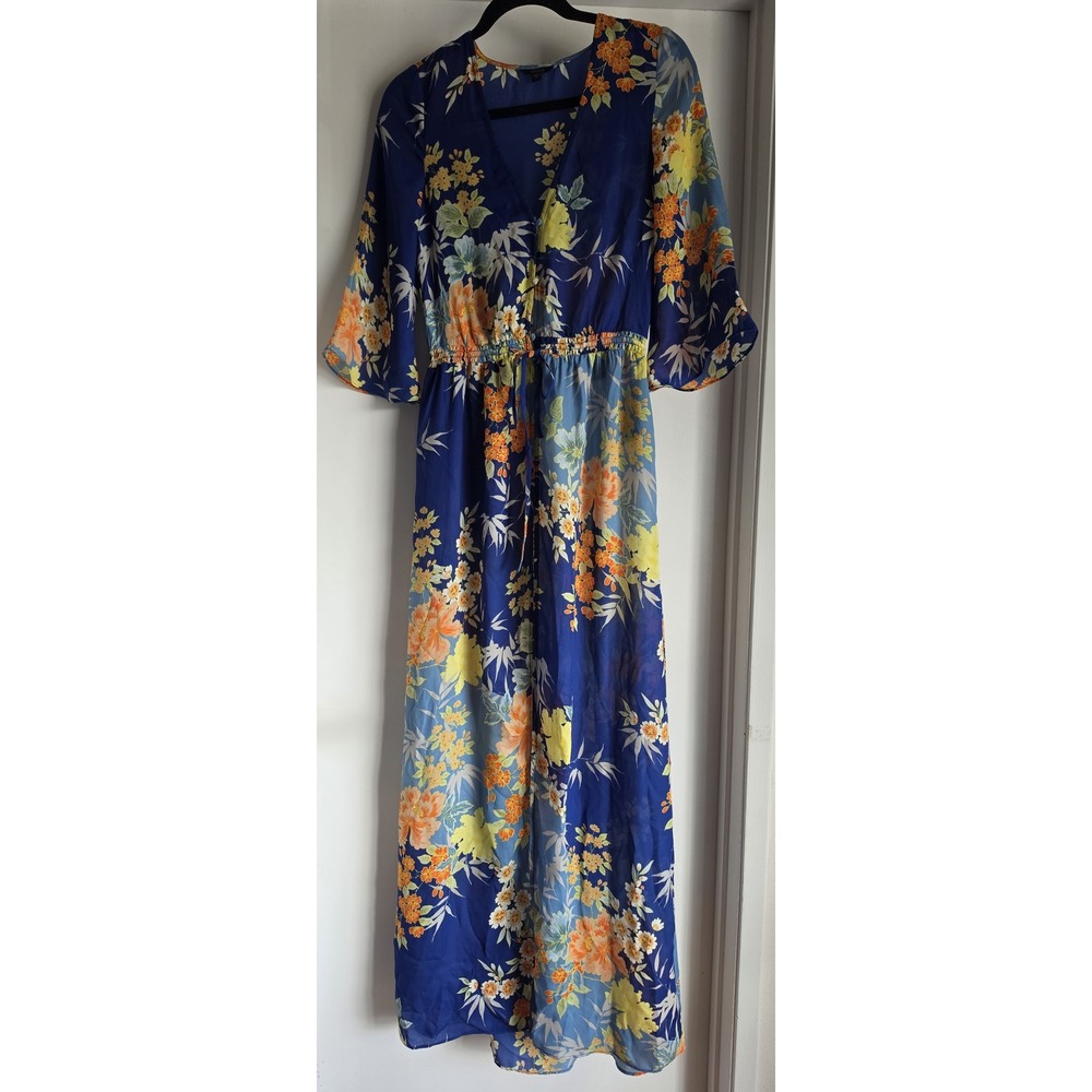 Guess Maxi Dress XS Floral V-Neck 3/4 Sleeve Blue Boho Casual Sundress Sheer